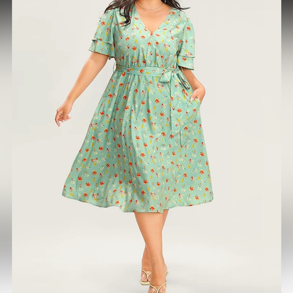 BloomChic Dresses & Skirts - Floral Printed Ruffle Sleeve Pocket Belted Midi Dress
